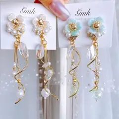 フラワーピアス　ハンドメイド　花　結婚式　ブライダル　クリスマス　パール　大人