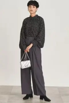 新品オペークドットクリップ 洗濯機可ドットプリント ボリュームスリーブ ブラウス