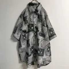 レトロ 古着 楊柳 パッチワーク柄 幾何学調アート ポリ デザインシャツ メンズ