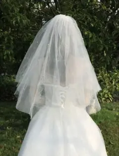 ホワイトウェディングベール 二段式 パール付き