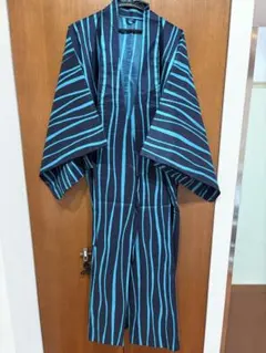 雨コート　着物 黒色×水色 縦縞模様のサムネイル