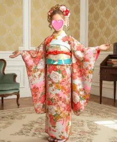 アンティークピンクにくすみブルーの雲取模様の着物と帯フルセット