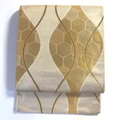 5k3059 袋帯　絹　金色　ベージュ　柄物　和装　着物