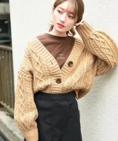 heather ケーブルニットカーディガン キャメルブラウン