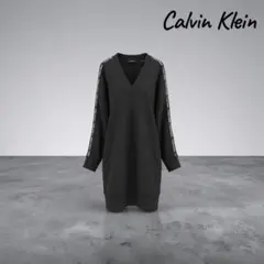 カルバンクライン Vネック ワンピース ロゴライン 長袖 ブラック