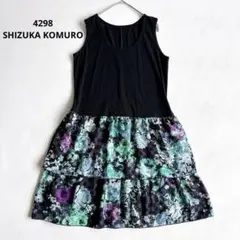 シズカコムロ　ノースリーブワンピース　チュニック　フレア　花柄　黒×緑系　42のサムネイル