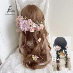 【M】ダリア × カップローズ × 桜 髪飾り ｜ くすみピンク リボン 成人式