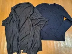 無印良品2点セット　長袖ニットと五分袖カーディガン　ネイビー/黒　S　ウール/麻