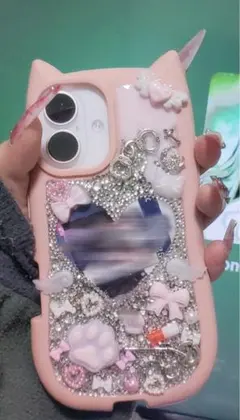 猫耳付きピンク埋めつくしデコiPhone16ケース