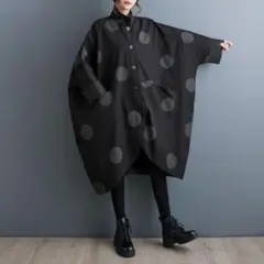 ブラック 水玉模様 ドット モード ロングコート ゆったりのサムネイル