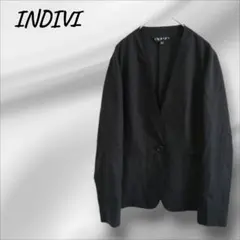 インディヴィ ノーカラージャケット 麻 リネン混 日本製 シンプルデザイン 黒