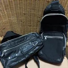 ブラックレザー ボディバッグ・ウエストポーチ セット⋆*