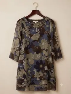ルーニー lounie 花柄 シフォン ひざ丈ワンピース 七分袖のサムネイル