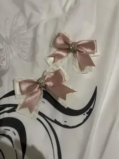 ハートビジュー付きピンクリボンヘアクリップ2個セット