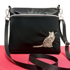 猫・アメリカンショートヘアー刺繍・シックな黒のショルダーバッグ・サコッシュ