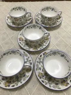 【美品】Minton ブルー花柄 ティーカップ・ソーサー 5個セット