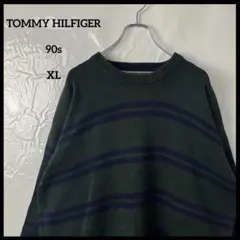 P*】様 ニット　トミーヒルフィガー　90s カーキ緑ボーダー　厚手セーター　コ