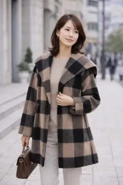 Mila Owen ビックカラー接結シャギーウールコート　チェック柄