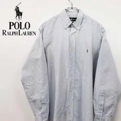 【90s 古着】ポロ ラルフローレン ストライプ ボタン 刺繍 シャツ ブルー