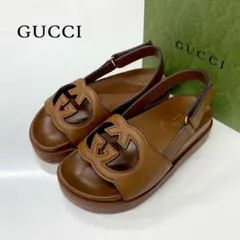 グッチ レザー ロゴ ベルクロ サンダル ブラウン