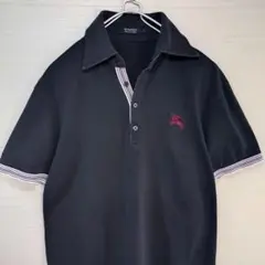 バーバリーブラックレーベル　ポロシャツ　刺繍ロゴ　ストライプ　ブラック