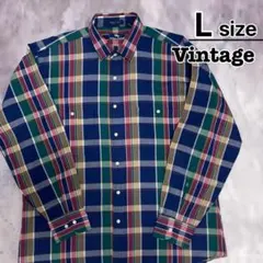USA古着　Vintage　長袖シャツ　L　カラフル　ネイビー　ブルー　チェック