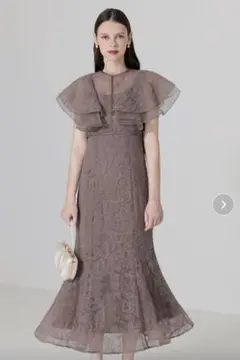 【LEJA】フリル半袖シアーレース花柄刺繍ウエストマークマーメイドワンピース