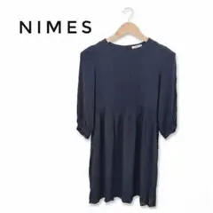 美品 NIMES ニーム 7部袖ワンピース ひざ丈 ネイビー 紺 レーヨンひざ丈のサムネイル