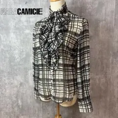 ◎ナラカミーチェ フリルブラウス チェック柄 シフォン リボン モノトーン