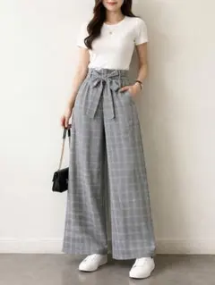 グレー系チェック リボン付きワイドパンツ M