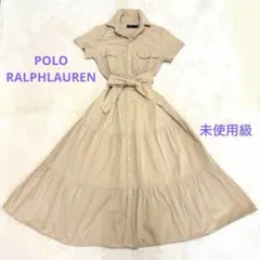 未使用級✳︎ポロラルフローレン現行シャツワンピースフレアリボンベージュ02M正規品