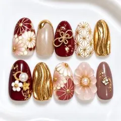 振袖ネイルチップ　赤　レッド　ピンク　ベージュ　成人式　前撮り　卒業式　和装