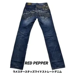 レッドペッパー スタッズユニオンジャック刺繍 ダメージ加工ワイドストレートデニム