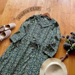 スタディオクリップ＊小花柄 開襟 ロング丈 七分袖ワンピース グリーン Lサイズ