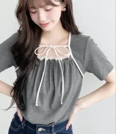 リボン付き スクエアネック 半袖Tシャツ グレーのサムネイル