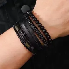 ブラックブレスレット 4本セット PUレザー 木製ビーズ アメカジ ユニセックスのサムネイル