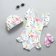 （90cm）夏の花柄ベビー水着　帽子付き２点セット　プール　キッズ水着　水遊び