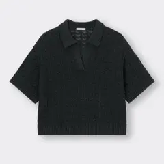 透かし編み　スキッパー　ポロセーター　半袖　トップス　GU M 黒
