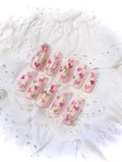 ハートデザイン ピンクネイルチップセット