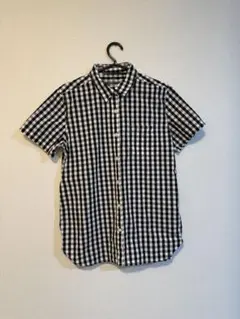 レディース半袖黒白チェックシャツ Size XL