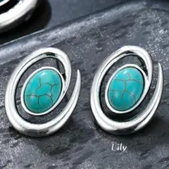 ✨ ターコイズ オーバル シルバー スパイラル ピアス 渦巻き ヴィンテージ 青