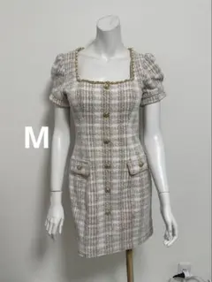 anストレッチ半袖ベージュ系チェック柄タイトドレス