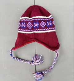 ヴィンテージ ニット帽 耳あて付き ノルディック柄 ボンボン レトロ レッド