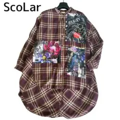 【美品】スカラーコラージュアップリケ チェック柄シャツワンピース ボルドー