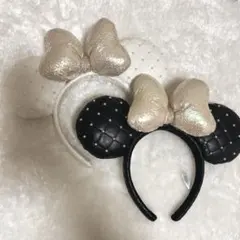 ディズニー カチューシャ ミニーマウス（キルティング ブラック・ホワイト）セット