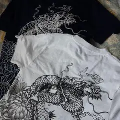 ドラゴンアートプリントTシャツ（ホワイト/ネイビー）バックプリント　龍柄