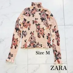 【ZARA】花柄 フリル タートル　長袖 Mサイズ　ピンク