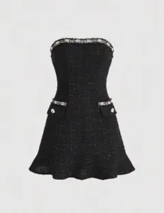 ブラックツイードストラップレスドレス shein 出勤コーデ ワンピースワンホン