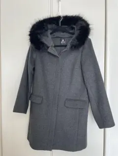 グレー ファー付きミドルコート　膝丈