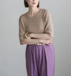 select MOCA ランダムリブ編みバックオープンハーフスリーブサマーニット